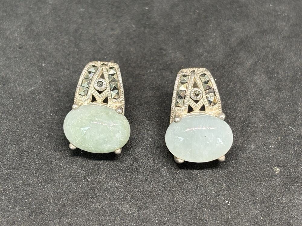 Vintage Sterling Silver 925 Marcasite Green Oval Jade Filigree Retro Earrings